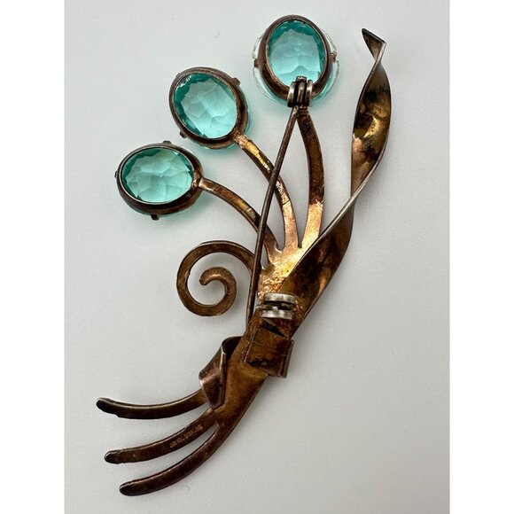 Jay Kel rose gold vermeil sterling silver aqua blue glass rhinestones brooch pin - Picture 7 of 11